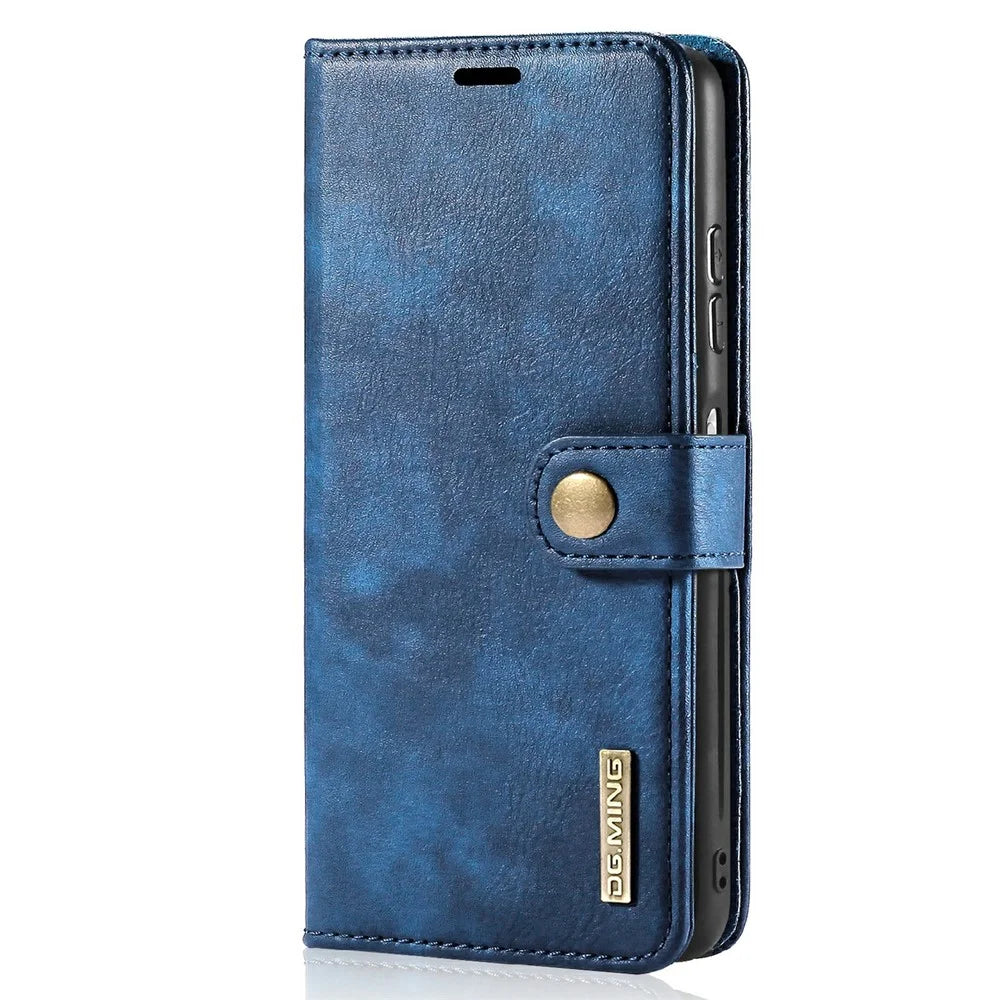 DG.MING Split Leather Wallet Design Detachable 2-in-1 Phone Case Shell for Samsung Galaxy A22 5G (EU Version) - Blue - 2