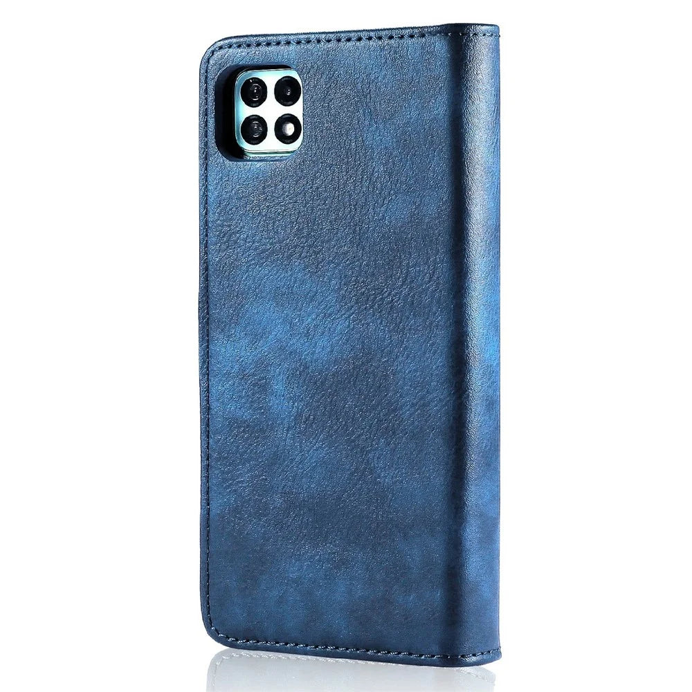 DG.MING Split Leather Wallet Design Detachable 2-in-1 Phone Case Shell for Samsung Galaxy A22 5G (EU Version) - Blue - 3
