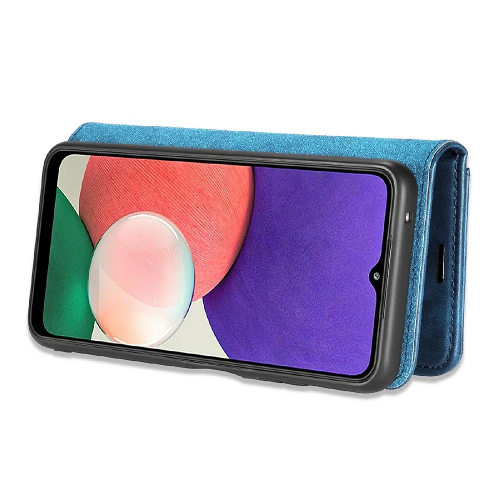 DG.MING Split Leather Wallet Design Detachable 2-in-1 Phone Case Shell for Samsung Galaxy A22 5G (EU Version) - Blue - 5