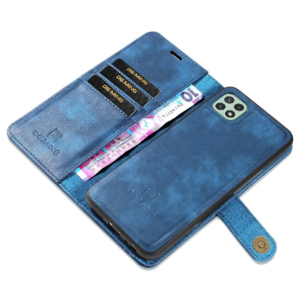 DG.MING Split Leather Wallet Design Detachable 2-in-1 Phone Case Shell for Samsung Galaxy A22 5G (EU Version) - Blue - 6