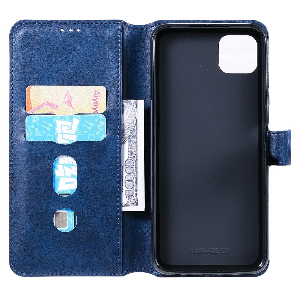 Drop-resistant Stand Design Leather Wallet Mobile Phone Cover Case for Samsung Galaxy A22 5G (EU Version) - Blue - 6