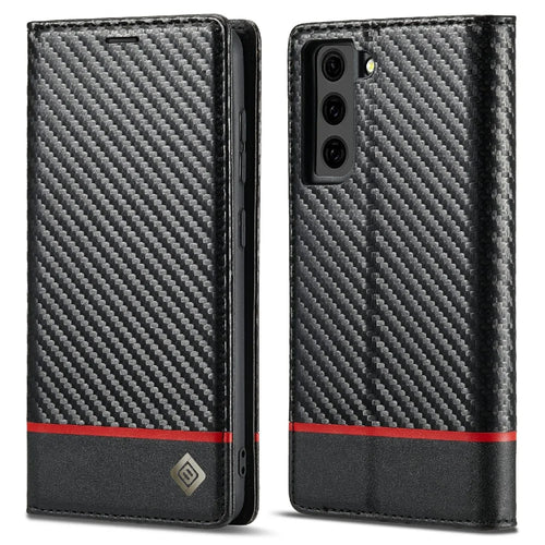 LC.IMEEKE Leather Case Carbon Fiber Pattern Phone Cover with Wallet Design for Samsung Galaxy S21 FE - Style 1 - 1