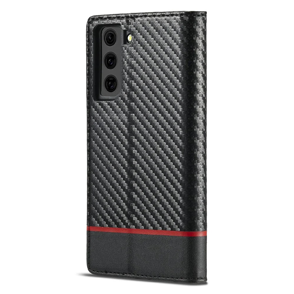 LC.IMEEKE Leather Case Carbon Fiber Pattern Phone Cover with Wallet Design for Samsung Galaxy S21 FE - Style 1 - 3
