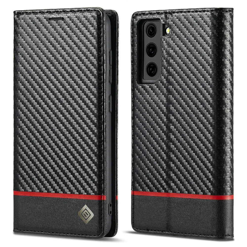 LC.IMEEKE Auto-absorbed Magnetic Closing System Leather Case Carbon Fiber Pattern Phone Case with Wallet for Samsung Galaxy S21 5G/4G - Style 1 - 1