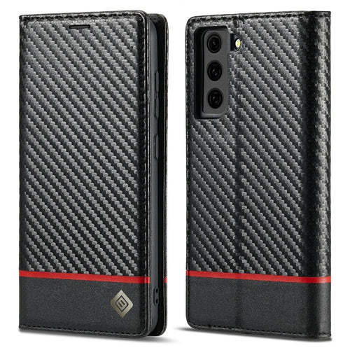 LC.IMEEKE Auto-absorbed Magnetic Closing System Leather Case Carbon Fiber Pattern Phone Case with Wallet for Samsung Galaxy S21 5G/4G - Style 1 - 1