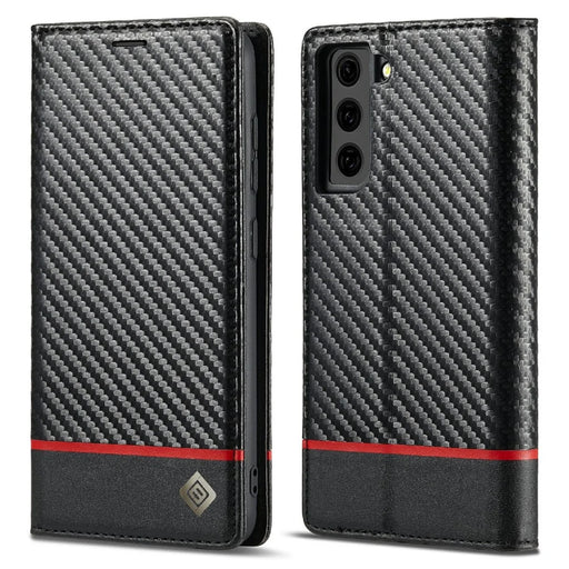 LC.IMEEKE Auto-absorbed Magnetic Closing System Leather Case Carbon Fiber Pattern Phone Case with Wallet for Samsung Galaxy S21 5G/4G - Style 1 - 1