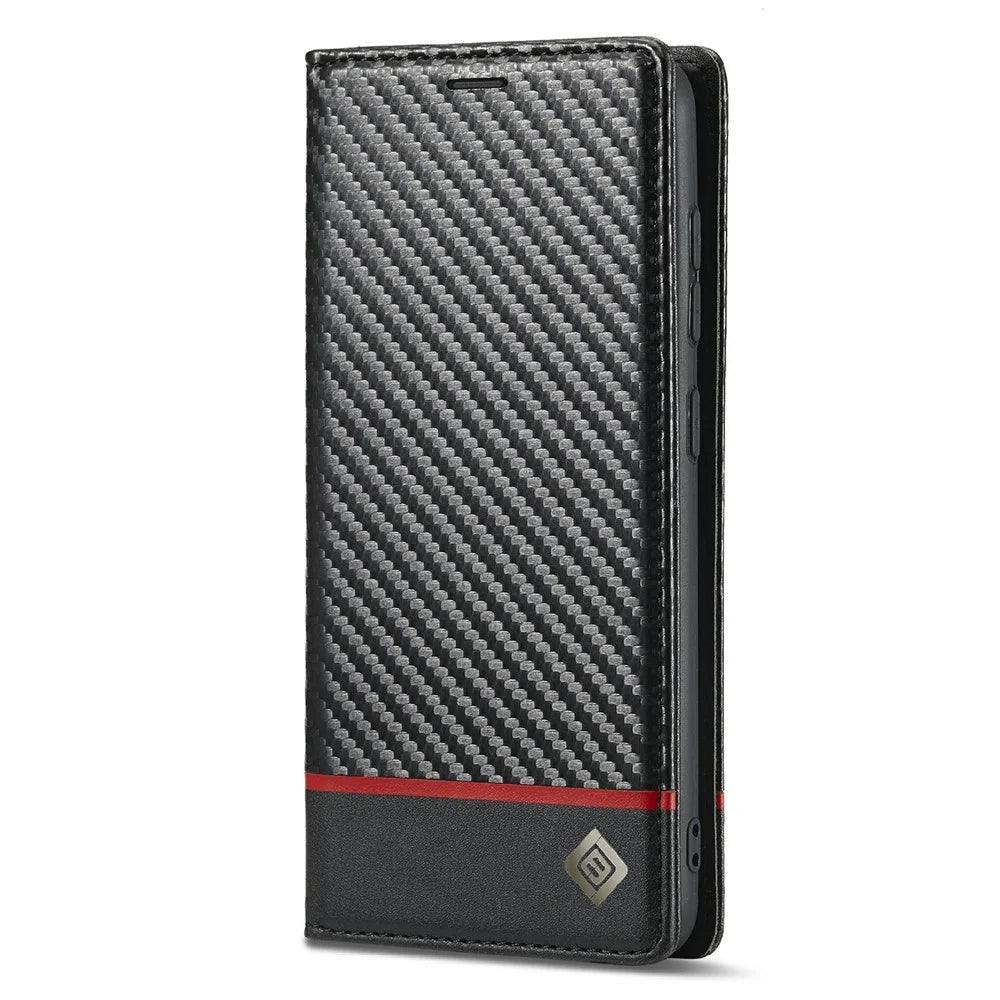 LC.IMEEKE Auto-absorbed Magnetic Closing System Leather Case Carbon Fiber Pattern Phone Case with Wallet for Samsung Galaxy S21 5G/4G - Style 1 - 2