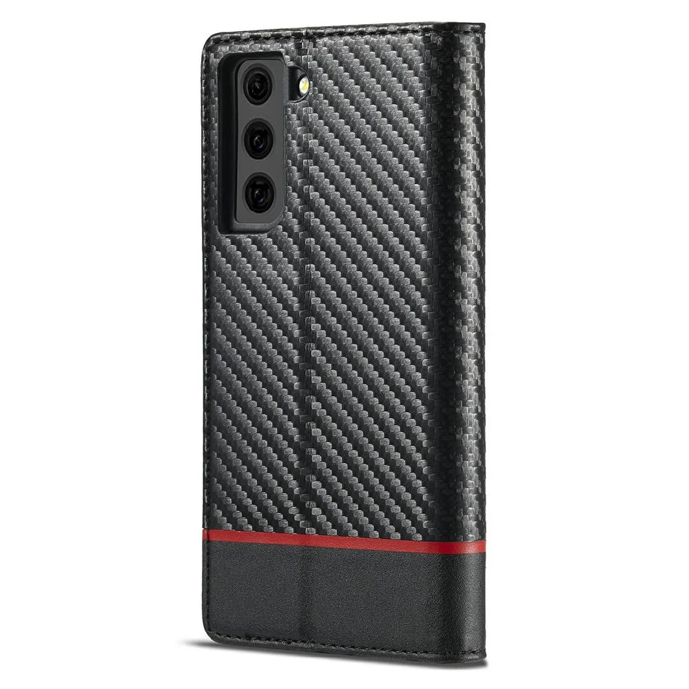 LC.IMEEKE Auto-absorbed Magnetic Closing System Leather Case Carbon Fiber Pattern Phone Case with Wallet for Samsung Galaxy S21 5G/4G - Style 1 - 3