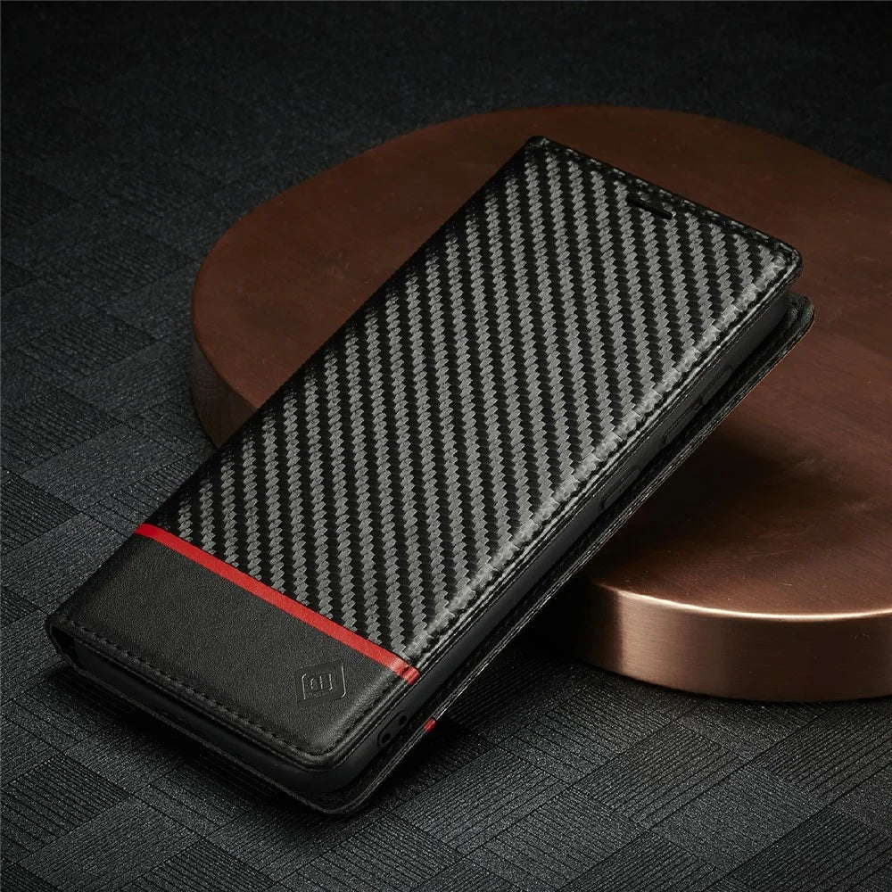 LC.IMEEKE Auto-absorbed Magnetic Closing System Leather Case Carbon Fiber Pattern Phone Case with Wallet for Samsung Galaxy S21 5G/4G - Style 1 - 6
