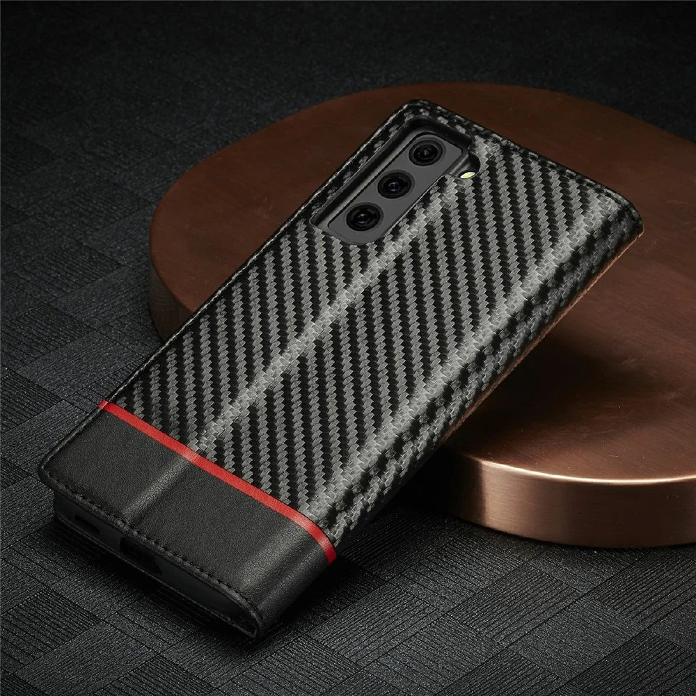 LC.IMEEKE Auto-absorbed Magnetic Closing System Leather Case Carbon Fiber Pattern Phone Case with Wallet for Samsung Galaxy S21 5G/4G - Style 1 - 7