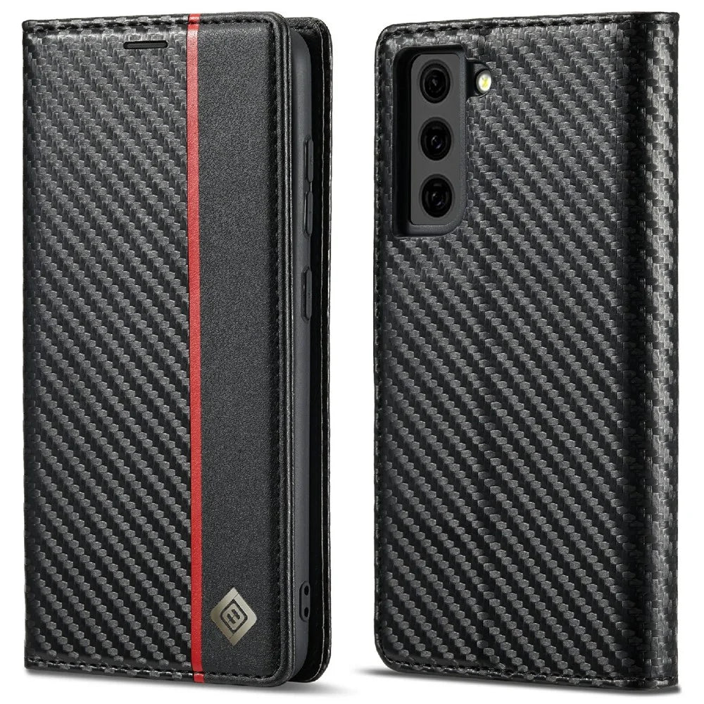 LC.IMEEKE Leather Case Carbon Fiber Pattern Phone Shell with Wallet for Samsung Galaxy S21+ 5G - Style 2 - 1