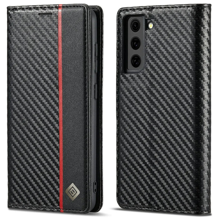 LC.IMEEKE Leather Case Carbon Fiber Pattern Phone Shell with Wallet for Samsung Galaxy S21+ 5G - Style 2 - 1