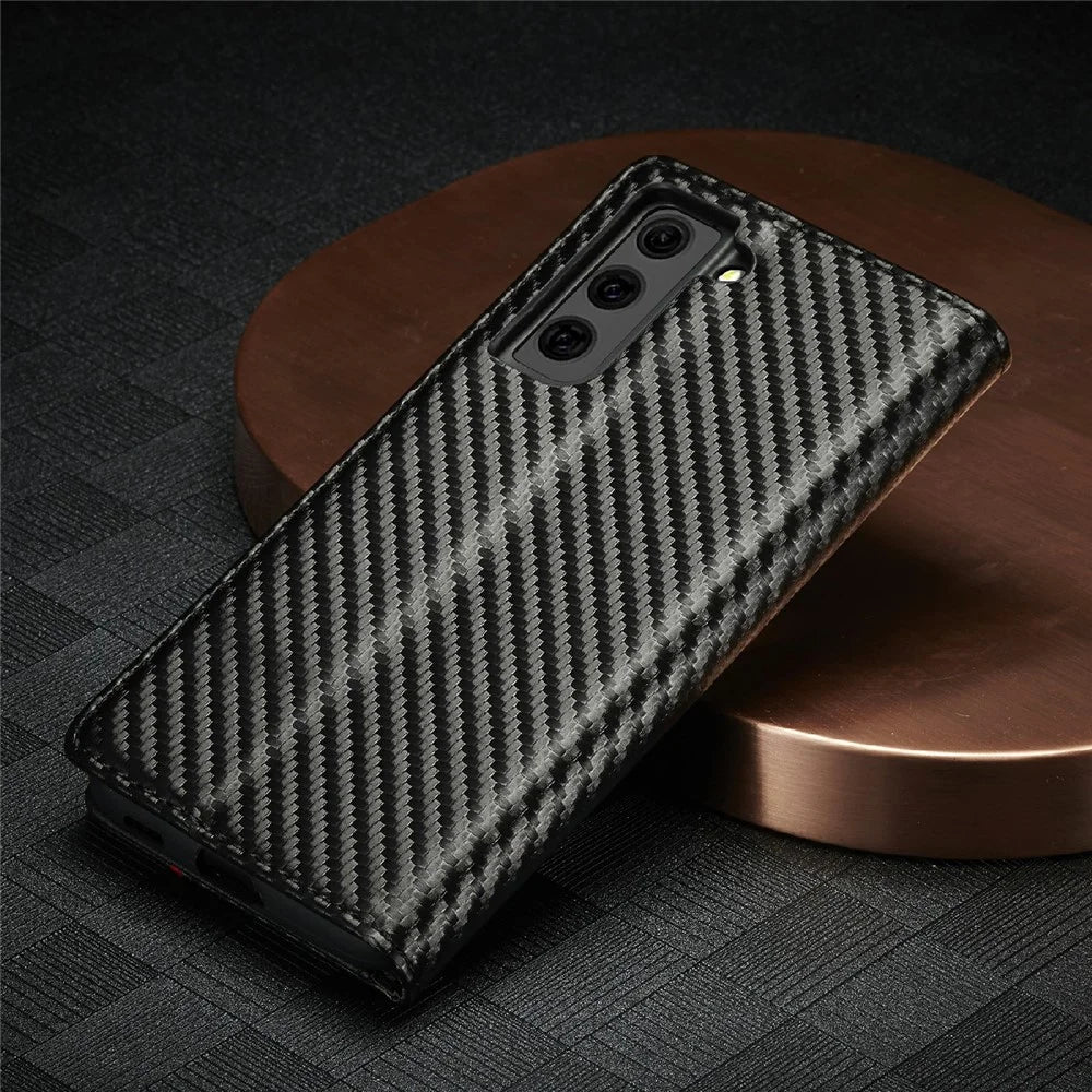 LC.IMEEKE Leather Case Carbon Fiber Pattern Phone Shell with Wallet for Samsung Galaxy S21+ 5G - Style 2 - 7