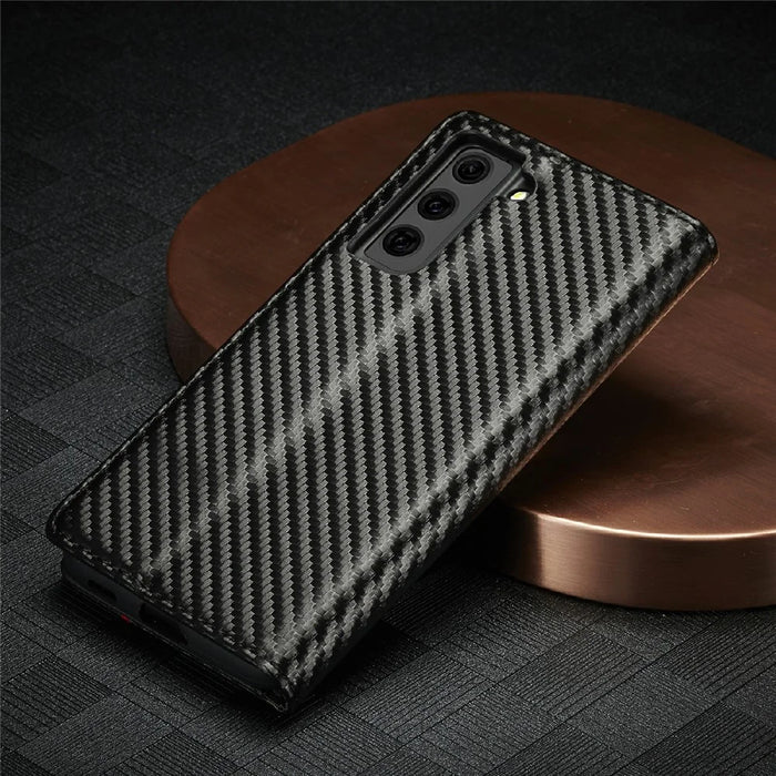 LC.IMEEKE Leather Case Carbon Fiber Pattern Phone Shell with Wallet for Samsung Galaxy S21+ 5G - Style 2 - 7