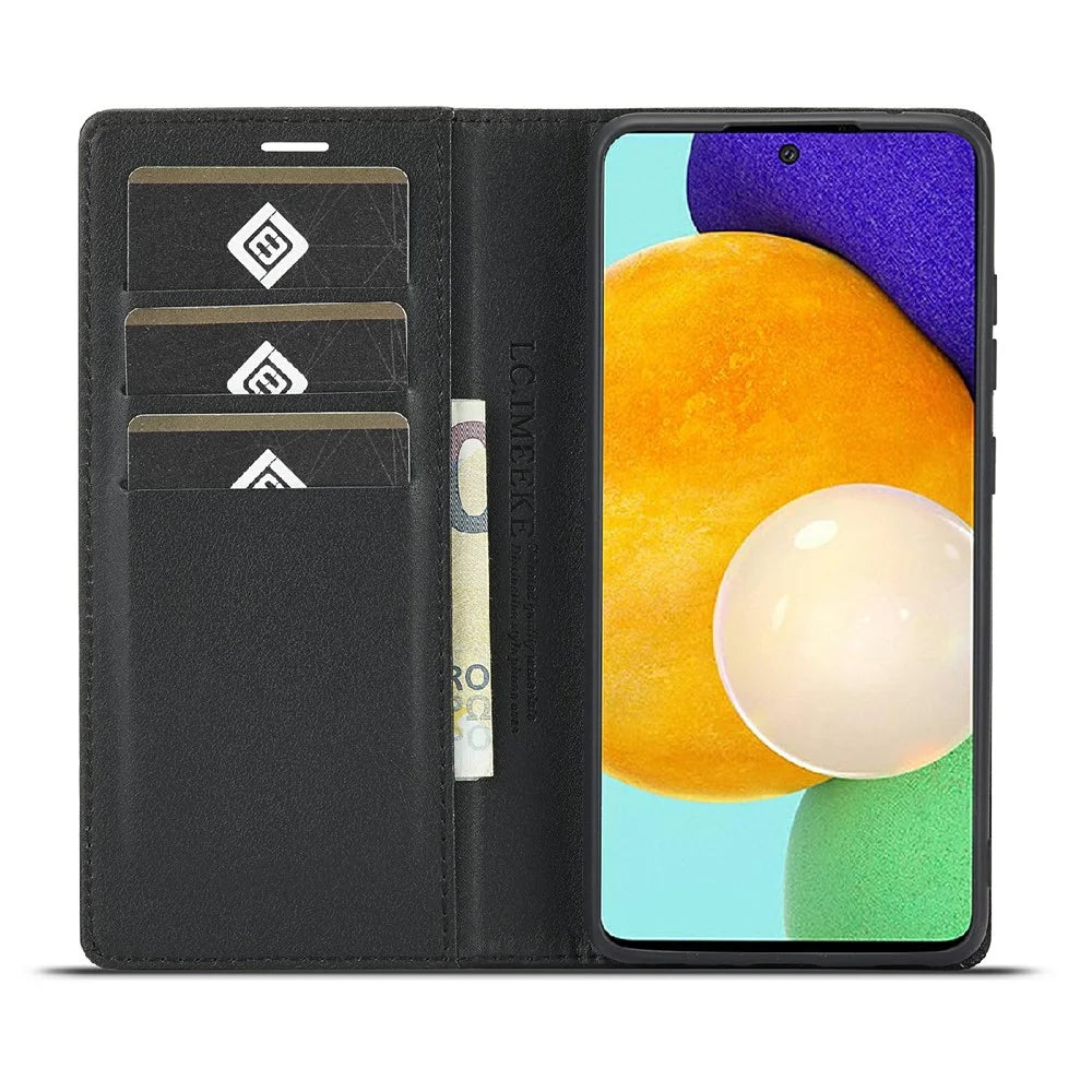 LC.IMEEKE Well-Protected Leather Case Carbon Fiber Pattern Phone Cover with Wallet for Samsung Galaxy A52 4G/5G / A52s 5G - Style 1 - 5