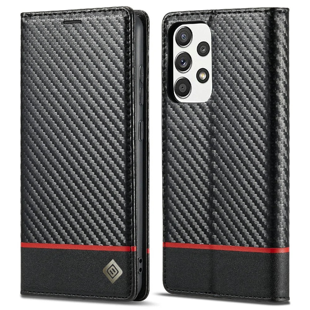 LC.IMEEKE Leather Case Carbon Fiber Pattern Phone Case with Stand Wallet Design for Samsung Galaxy A72 4G/5G - Style 1 - 1