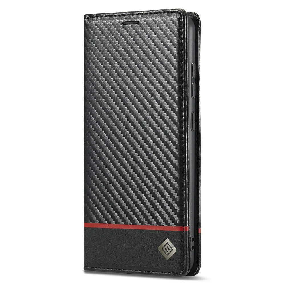 LC.IMEEKE Leather Case Carbon Fiber Pattern Phone Case with Stand Wallet Design for Samsung Galaxy A72 4G/5G - Style 1 - 2