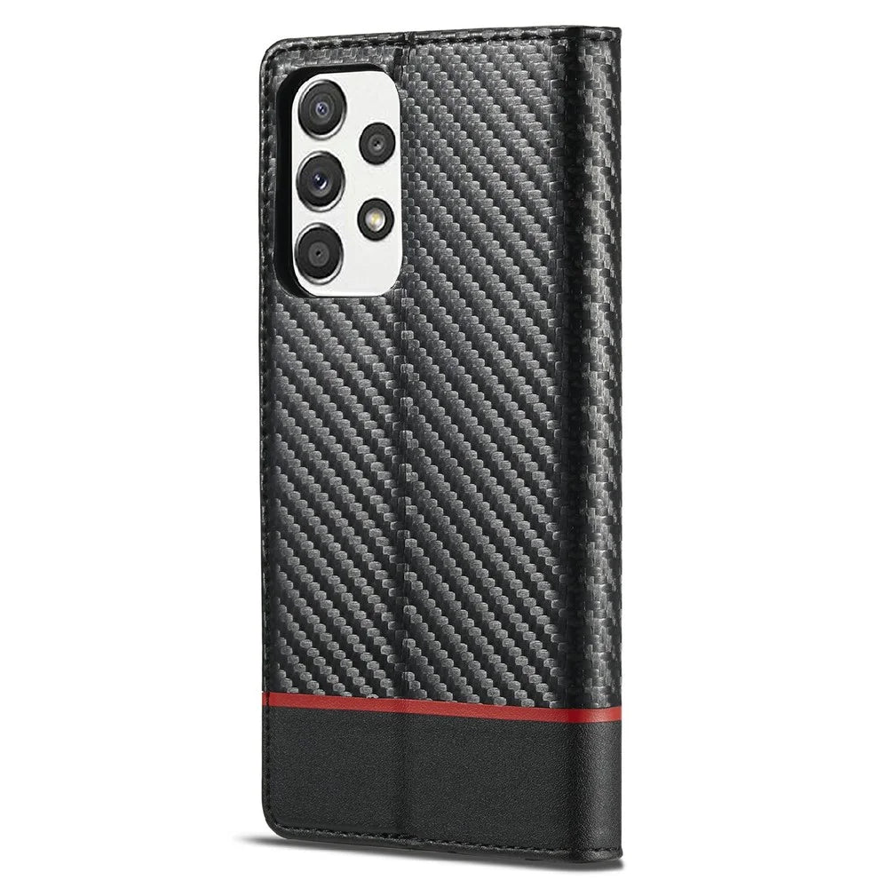 LC.IMEEKE Leather Case Carbon Fiber Pattern Phone Case with Stand Wallet Design for Samsung Galaxy A72 4G/5G - Style 1 - 3