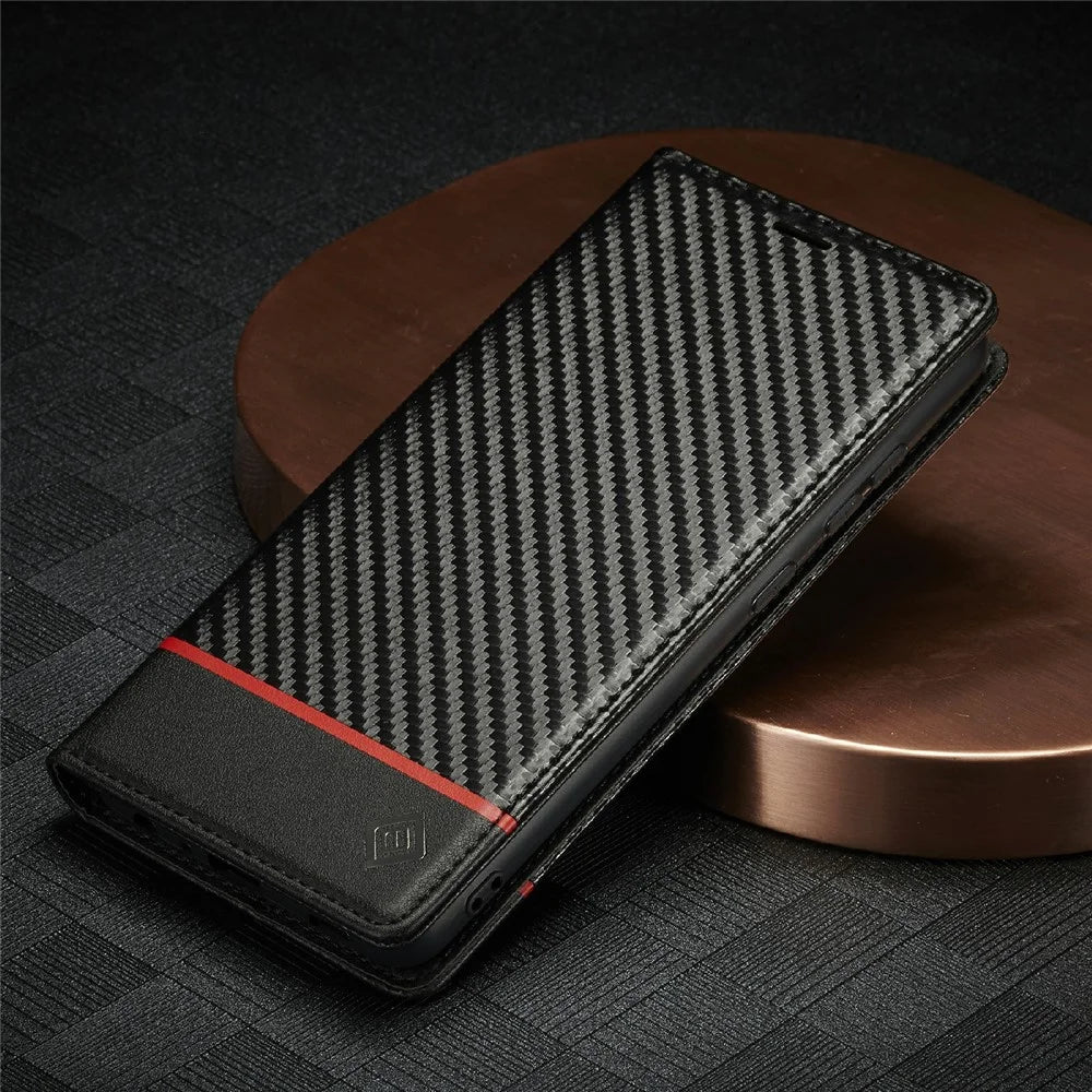 LC.IMEEKE Leather Case Carbon Fiber Pattern Phone Case with Stand Wallet Design for Samsung Galaxy A72 4G/5G - Style 1 - 6