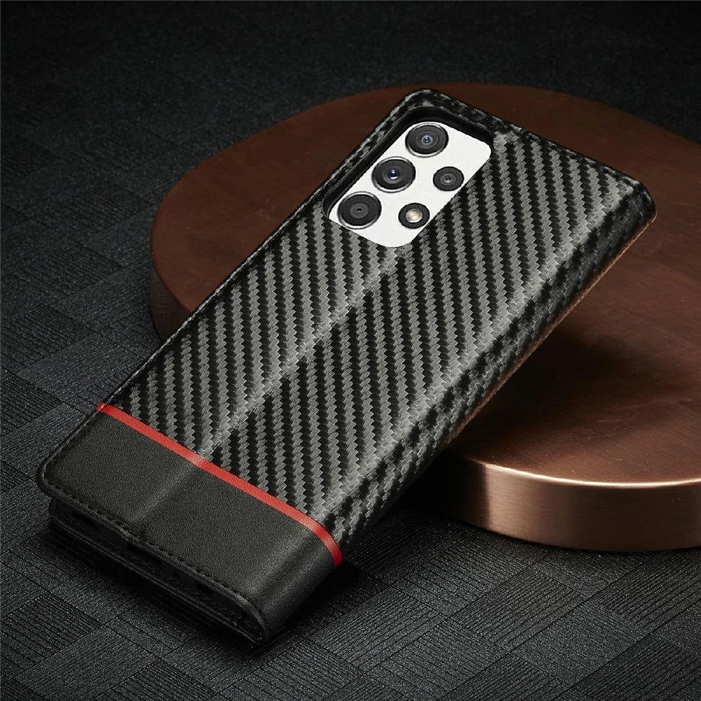 LC.IMEEKE Leather Case Carbon Fiber Pattern Phone Case with Stand Wallet Design for Samsung Galaxy A72 4G/5G - Style 1 - 7