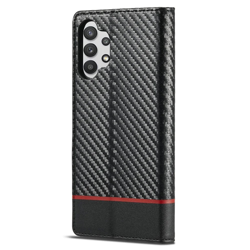 LC.IMEEKE Anti-drop Leather Case Carbon Fiber Pattern Phone Cover with Wallet for Samsung Galaxy A32 5G/M32 5G - Style 2 - 3