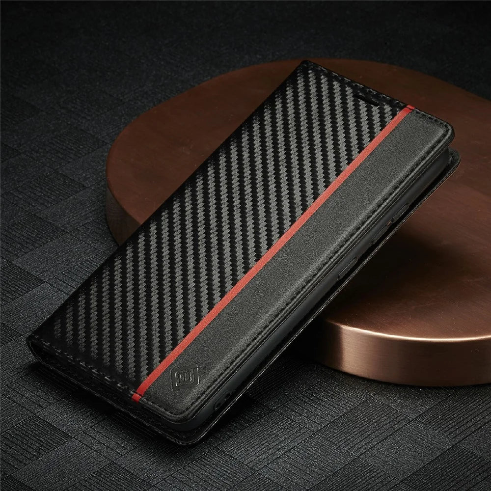 LC.IMEEKE Anti-drop Leather Case Carbon Fiber Pattern Phone Cover with Wallet for Samsung Galaxy A32 5G/M32 5G - Style 2 - 6