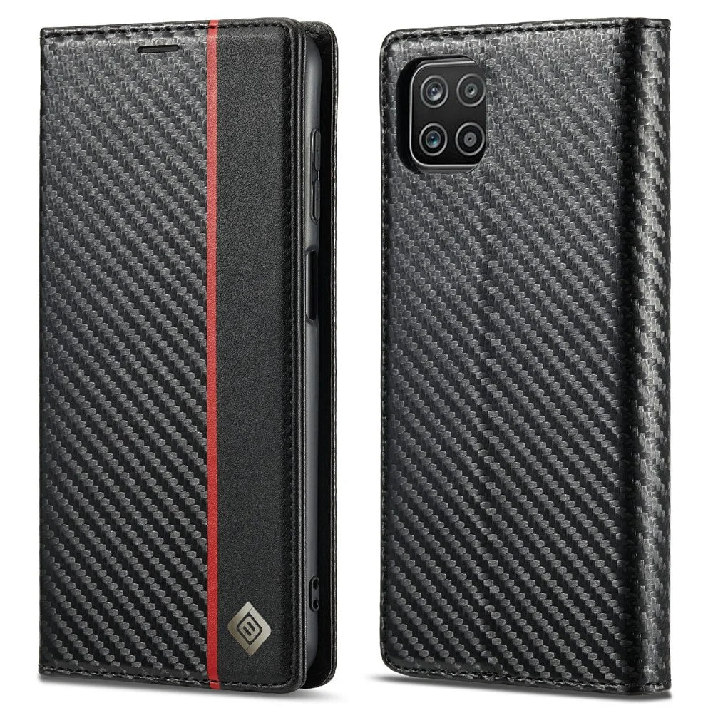 LC.IMEEKE Leather Case Carbon Fiber Pattern Phone Cover with Wallet Stand for Samsung Galaxy A22 5G (EU Version) - Style 1 - 1
