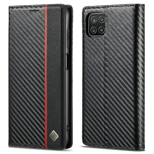 LC.IMEEKE Leather Case Carbon Fiber Pattern Phone Cover with Wallet Stand for Samsung Galaxy A22 5G (EU Version) - Style 1 - 1