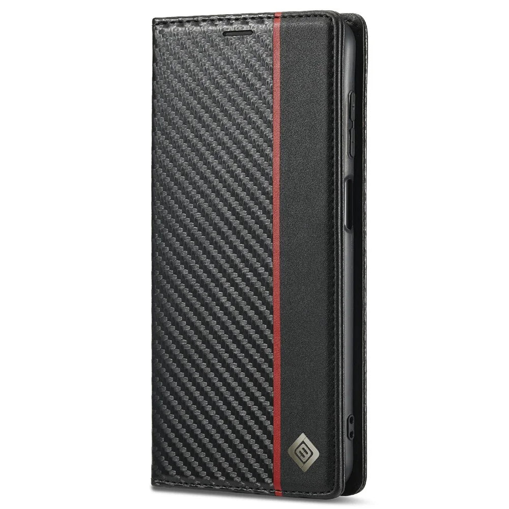 LC.IMEEKE Leather Case Carbon Fiber Pattern Phone Cover with Wallet Stand for Samsung Galaxy A22 5G (EU Version) - Style 1 - 2
