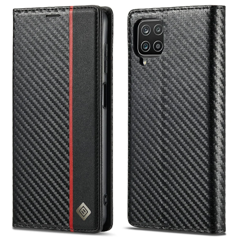 LC.IMEEKE Carbon Fiber Texture PU Leather Phone Case Shell with Stand Wallet for Samsung Galaxy A22 4G (EU Version) - Vertical Red Stripe - 1