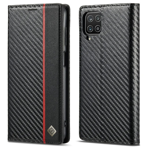 LC.IMEEKE Carbon Fiber Texture PU Leather Phone Case Shell with Stand Wallet for Samsung Galaxy A22 4G (EU Version) - Vertical Red Stripe - 1