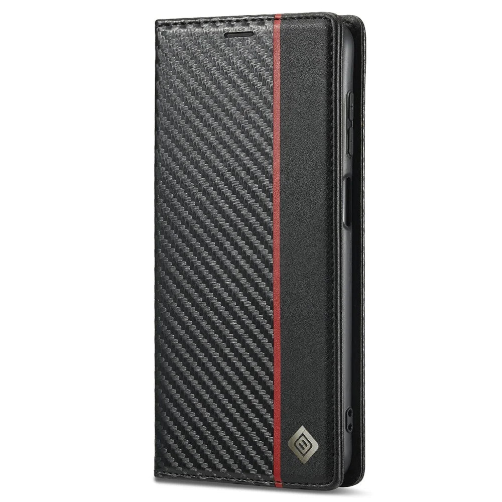 LC.IMEEKE Carbon Fiber Texture PU Leather Phone Case Shell with Stand Wallet for Samsung Galaxy A22 4G (EU Version) - Vertical Red Stripe - 2