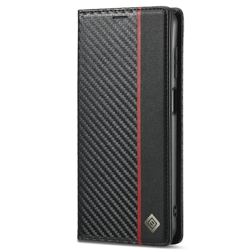 LC.IMEEKE Carbon Fiber Texture PU Leather Phone Case Shell with Stand Wallet for Samsung Galaxy A22 4G (EU Version) - Vertical Red Stripe - 2