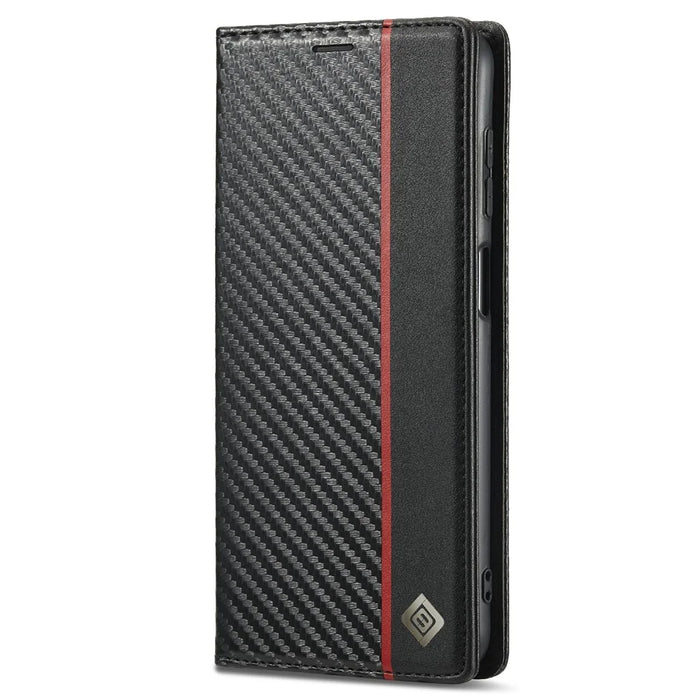LC.IMEEKE Carbon Fiber Texture PU Leather Phone Case Shell with Stand Wallet for Samsung Galaxy A22 4G (EU Version) - Vertical Red Stripe - 2