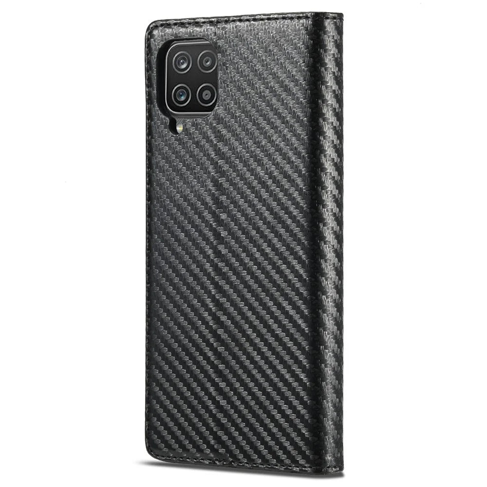 LC.IMEEKE Carbon Fiber Texture PU Leather Phone Case Shell with Stand Wallet for Samsung Galaxy A22 4G (EU Version) - Vertical Red Stripe - 3