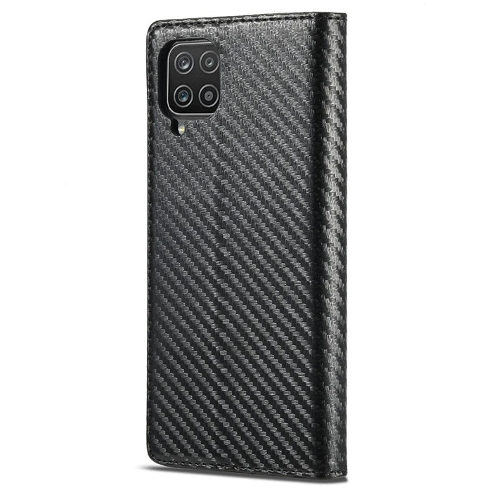 LC.IMEEKE Carbon Fiber Texture PU Leather Phone Case Shell with Stand Wallet for Samsung Galaxy A22 4G (EU Version) - Vertical Red Stripe - 3