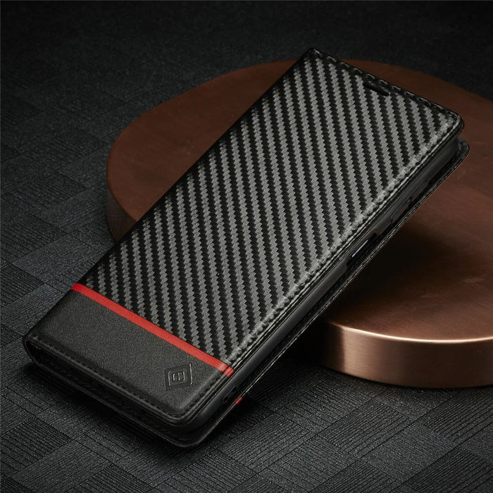 LC.IMEEKE Carbon Fiber Texture PU Leather Phone Case Shell with Stand Wallet for Samsung Galaxy A22 4G (EU Version) - Vertical Red Stripe - 6