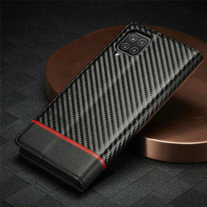 LC.IMEEKE Carbon Fiber Texture PU Leather Phone Case Shell with Stand Wallet for Samsung Galaxy A22 4G (EU Version) - Vertical Red Stripe - 7