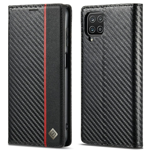 LC.IMEEKE Carbon Fiber Texture Stripe Design Wallet Stand Leather Phone Case for Samsung Galaxy A12 - Vertical Red Stripe - 1