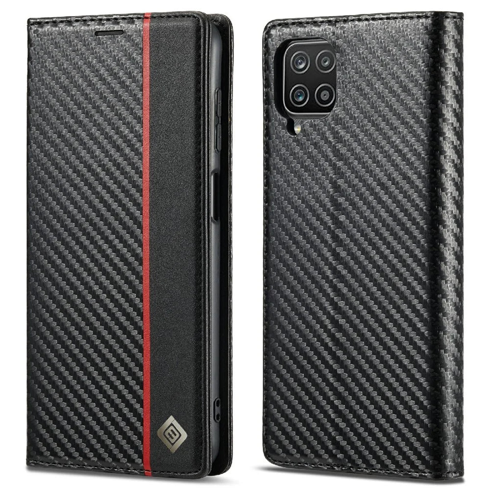 LC.IMEEKE Carbon Fiber Texture Stripe Design Wallet Stand Leather Phone Case for Samsung Galaxy A12 - Vertical Red Stripe - 1