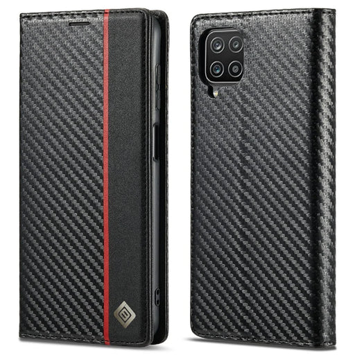 LC.IMEEKE Carbon Fiber Texture Stripe Design Wallet Stand Leather Phone Case for Samsung Galaxy A12 - Vertical Red Stripe - 1