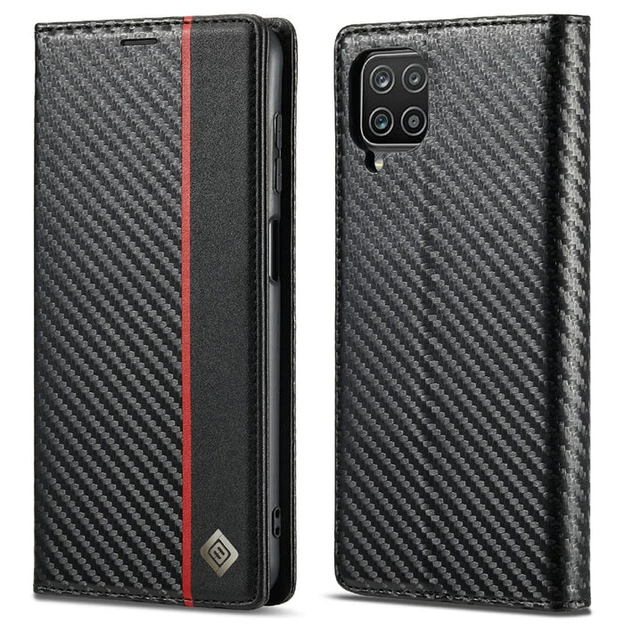 LC.IMEEKE Carbon Fiber Texture Stripe Design Wallet Stand Leather Phone Case for Samsung Galaxy A12 - Vertical Red Stripe - 1