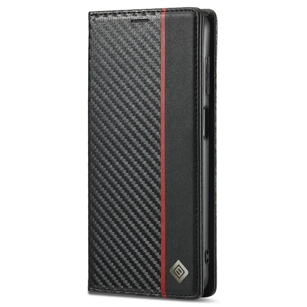 LC.IMEEKE Carbon Fiber Texture Stripe Design Wallet Stand Leather Phone Case for Samsung Galaxy A12 - Vertical Red Stripe - 2