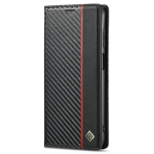 LC.IMEEKE Carbon Fiber Texture Stripe Design Wallet Stand Leather Phone Case for Samsung Galaxy A12 - Vertical Red Stripe - 2