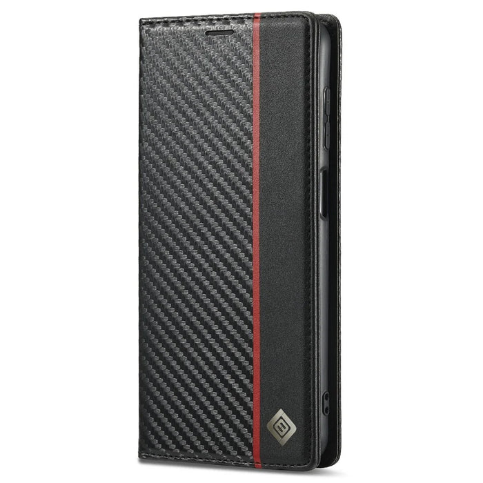 LC.IMEEKE Carbon Fiber Texture Stripe Design Wallet Stand Leather Phone Case for Samsung Galaxy A12 - Vertical Red Stripe - 2