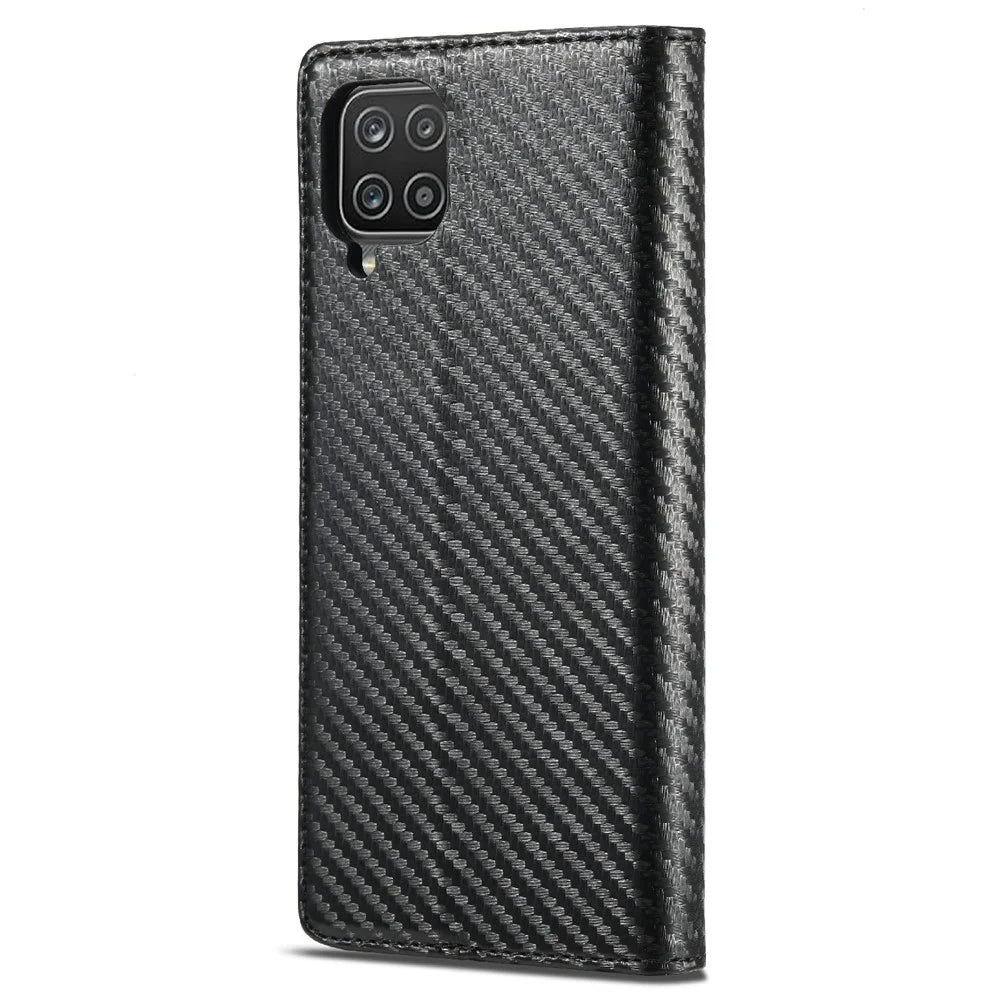 LC.IMEEKE Carbon Fiber Texture Stripe Design Wallet Stand Leather Phone Case for Samsung Galaxy A12 - Vertical Red Stripe - 3