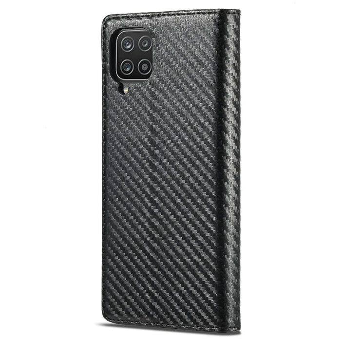 LC.IMEEKE Carbon Fiber Texture Stripe Design Wallet Stand Leather Phone Case for Samsung Galaxy A12 - Vertical Red Stripe - 3