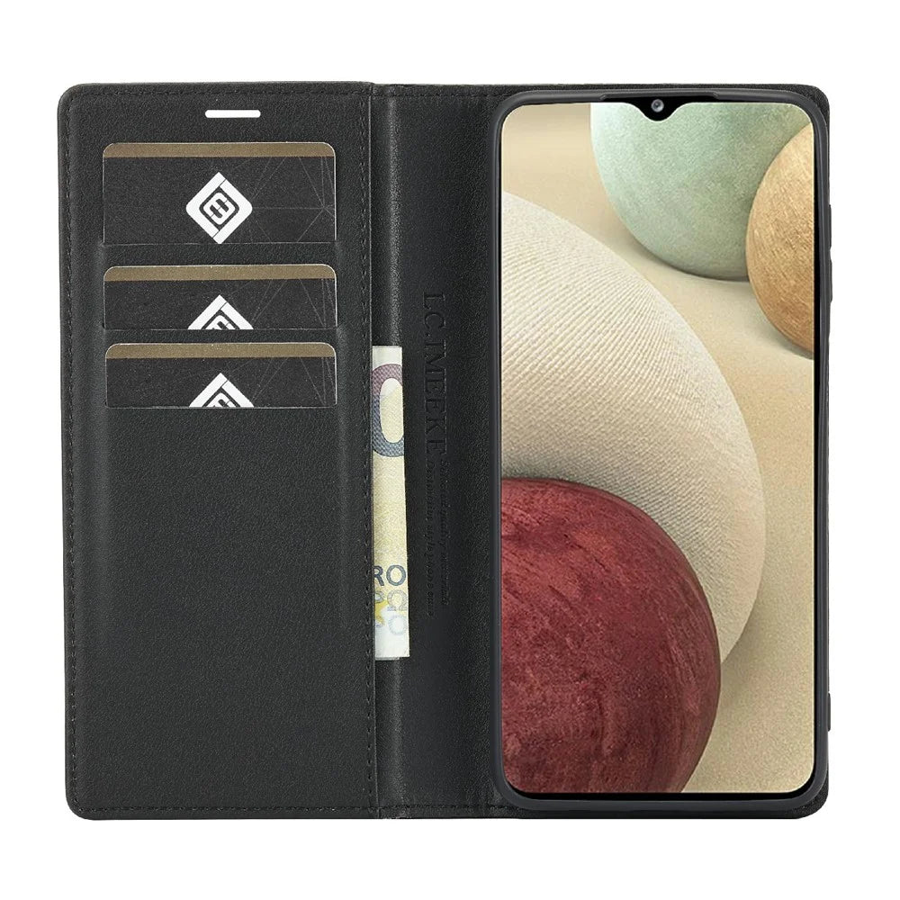 LC.IMEEKE Carbon Fiber Texture Stripe Design Wallet Stand Leather Phone Case for Samsung Galaxy A12 - Vertical Red Stripe - 5