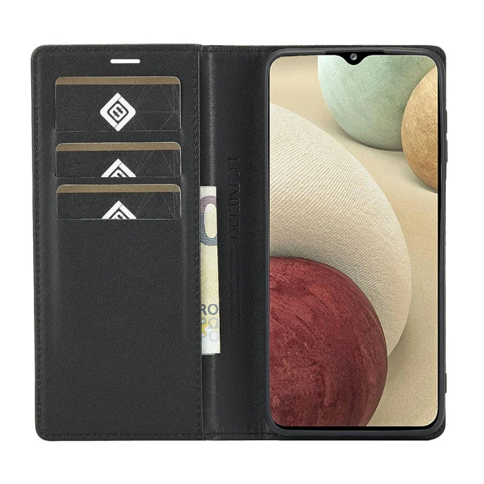 LC.IMEEKE Carbon Fiber Texture Stripe Design Wallet Stand Leather Phone Case for Samsung Galaxy A12 - Vertical Red Stripe - 5
