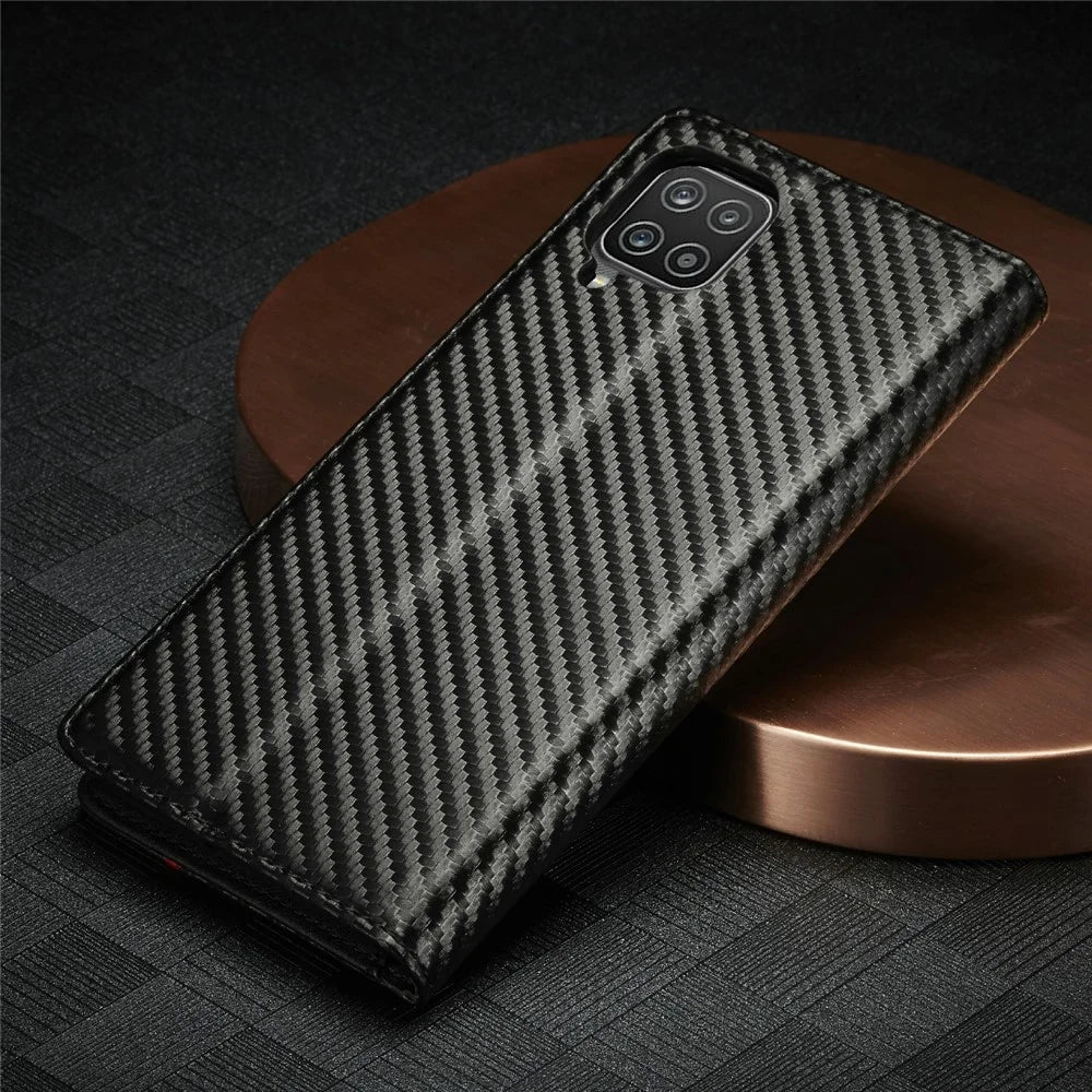 LC.IMEEKE Carbon Fiber Texture Stripe Design Wallet Stand Leather Phone Case for Samsung Galaxy A12 - Vertical Red Stripe - 7